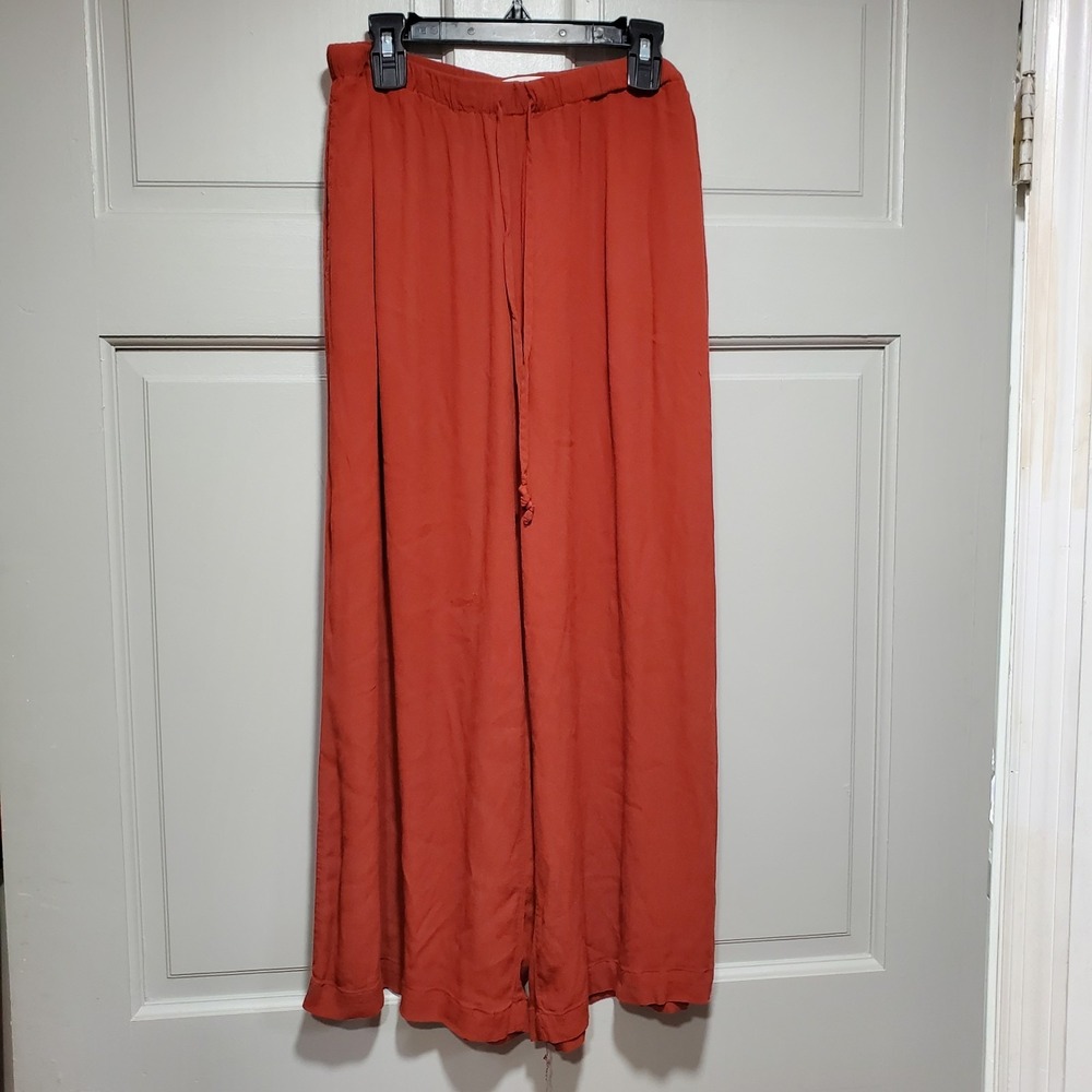 Mango Women Wide Leg Pants Size Medium Rust Orange Satin Style Relaxed Fit